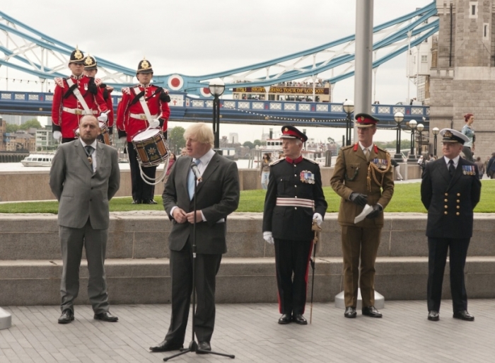 Pictured (from left) musicians of the Royal Anglian Regiment; Darren Johnson AM, Chair of the London Assembly; Mayor of London Boris Johnson; Vice-Lord Lieutenant of Greater London Wing Commander Mike Dugeon OBE DL; Brigadier Richard Smith, Deputy Commander London District and Commodore Martin Atherton, Naval Regional Commander, Eastern England.